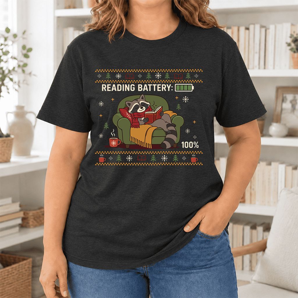 Reading Battery: 100% Raccoon Ultra-Soft Cotton T-Shirt | Christmas Reader Gift Black Heather