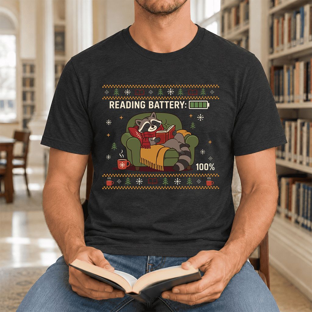 Reading Battery: 100% Raccoon Ultra-Soft Cotton T-Shirt | Christmas Reader Gift Black Heather