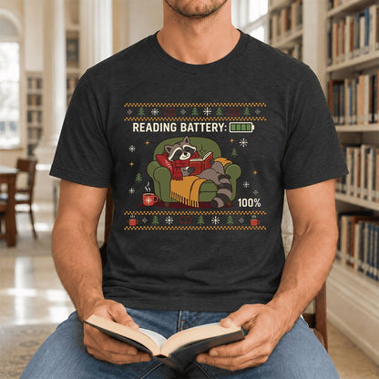 Reading Battery: 100% Raccoon Ultra-Soft Cotton T-Shirt | Christmas Reader Gift Black Heather