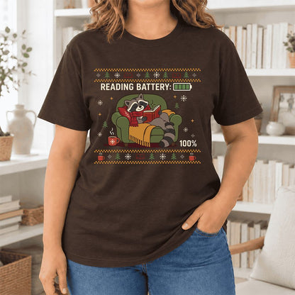 Reading Battery: 100% Raccoon Ultra-Soft Cotton T-Shirt | Christmas Reader Gift Brown