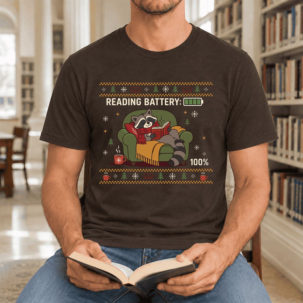 Reading Battery: 100% Raccoon Ultra-Soft Cotton T-Shirt | Christmas Reader Gift Brown