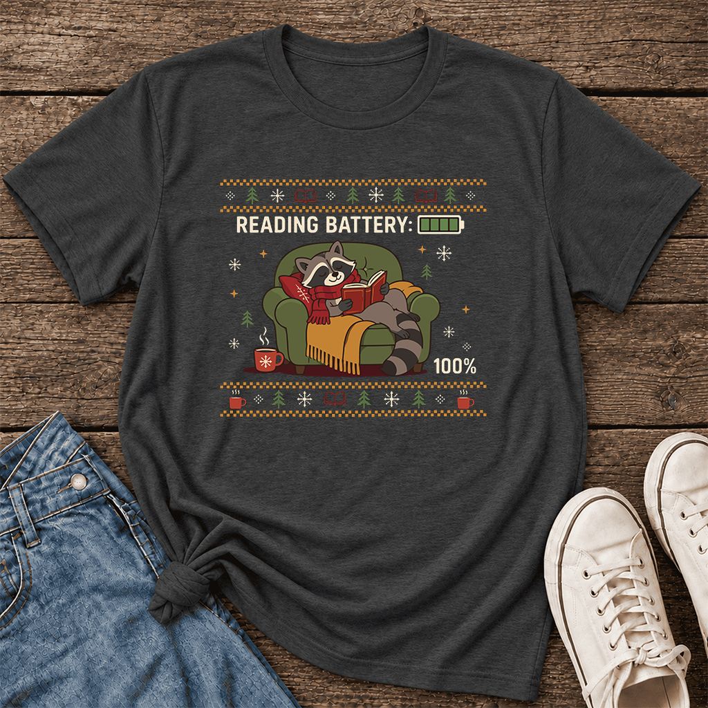 Reading Battery: 100% Raccoon Ultra-Soft Cotton T-Shirt | Christmas Reader Gift Dark Grey Heather