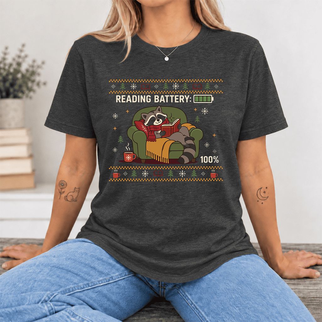 Reading Battery: 100% Raccoon Ultra-Soft Cotton T-Shirt | Christmas Reader Gift Dark Grey Heather