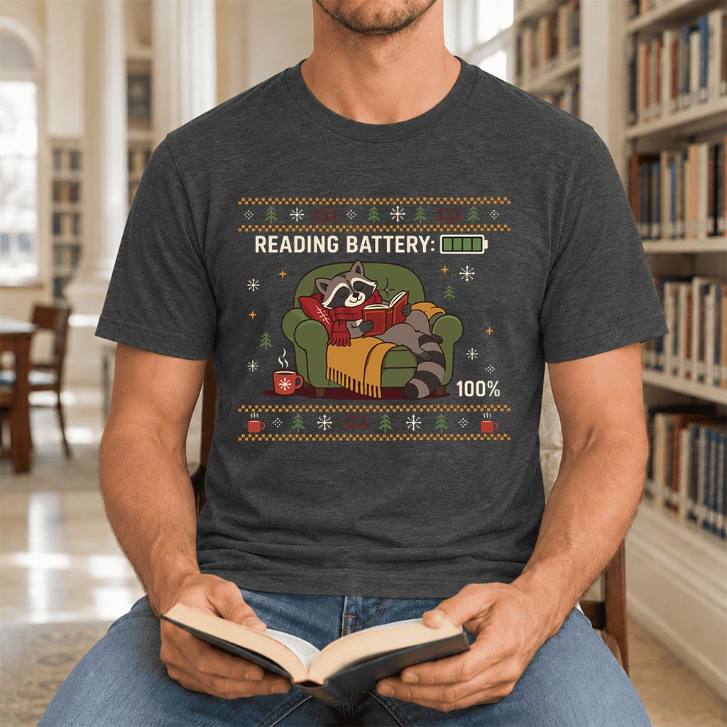 Reading Battery: 100% Raccoon Ultra-Soft Cotton T-Shirt | Christmas Reader Gift Dark Grey Heather