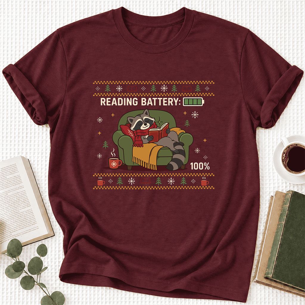Reading Battery: 100% Raccoon Ultra-Soft Cotton T-Shirt | Christmas Reader Gift Maroon