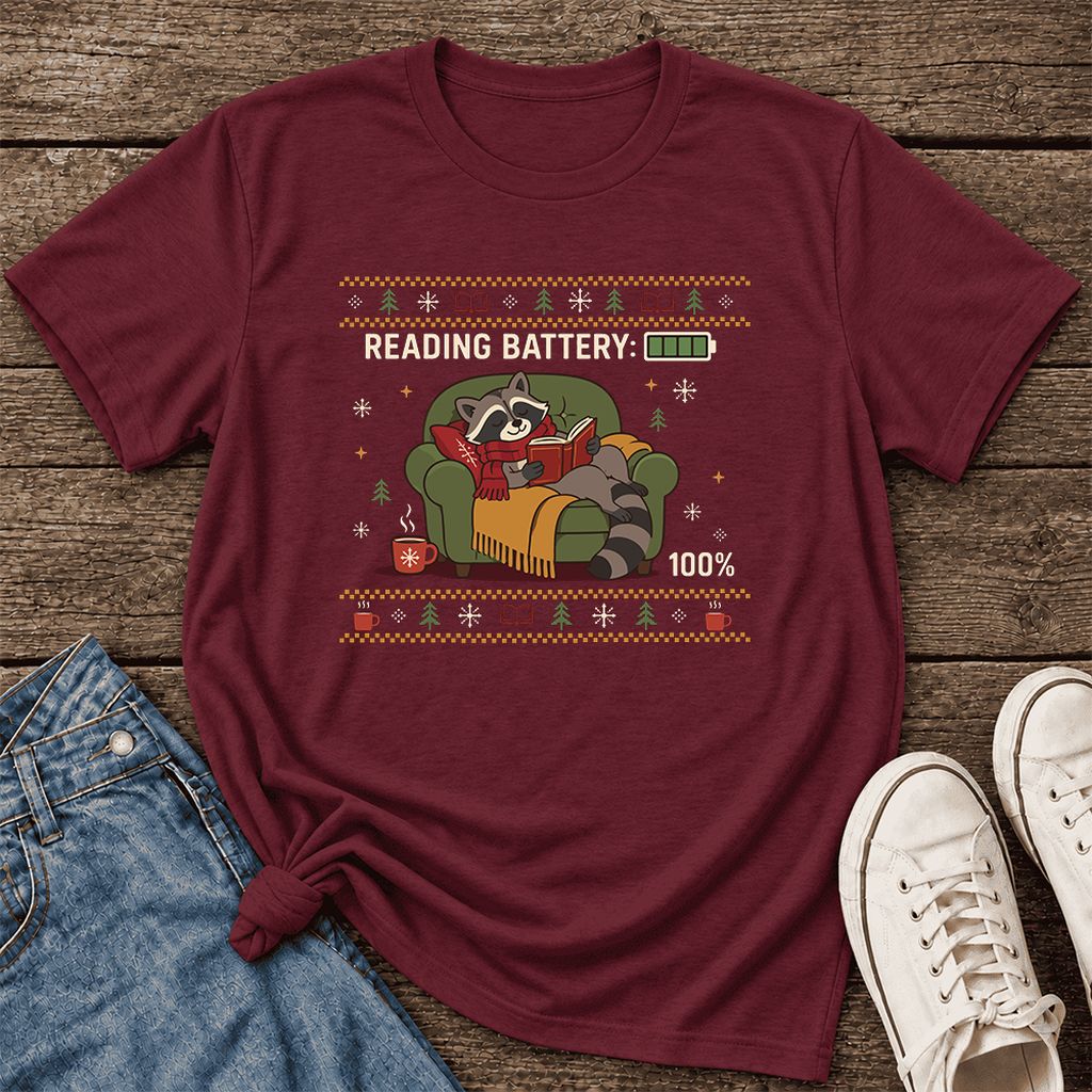 Reading Battery: 100% Raccoon Ultra-Soft Cotton T-Shirt | Christmas Reader Gift Maroon