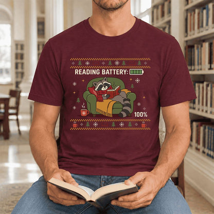 Reading Battery: 100% Raccoon Ultra-Soft Cotton T-Shirt | Christmas Reader Gift Maroon