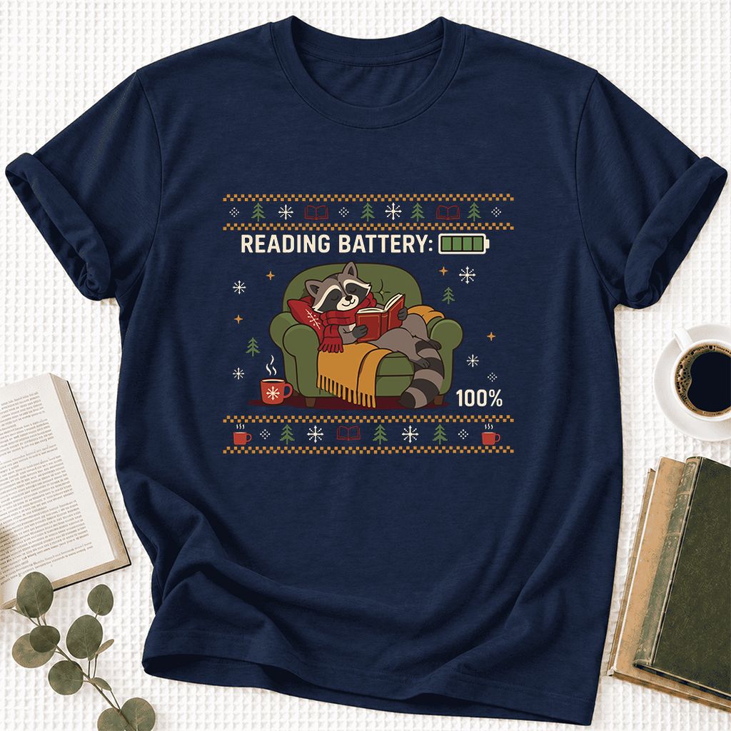 Reading Battery: 100% Raccoon Ultra-Soft Cotton T-Shirt | Christmas Reader Gift Navy