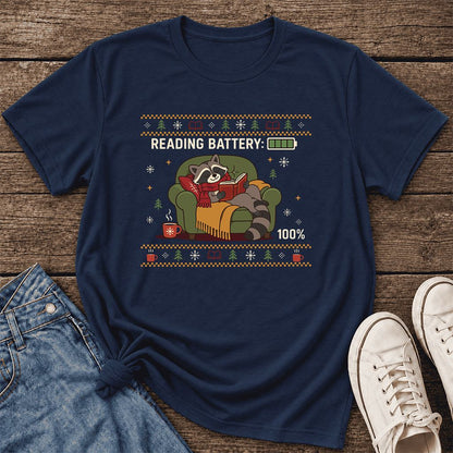 Reading Battery: 100% Raccoon Ultra-Soft Cotton T-Shirt | Christmas Reader Gift Navy