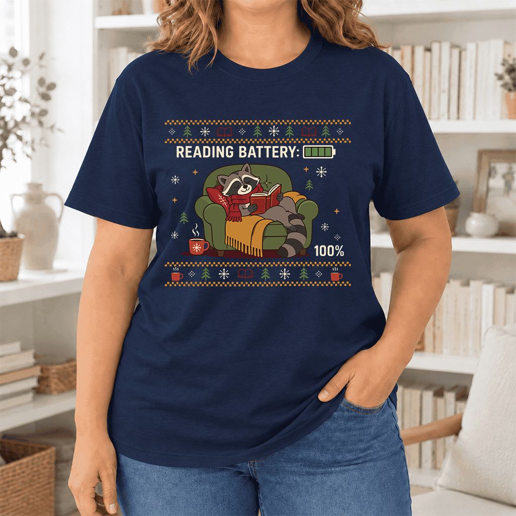 Reading Battery: 100% Raccoon Ultra-Soft Cotton T-Shirt | Christmas Reader Gift Navy