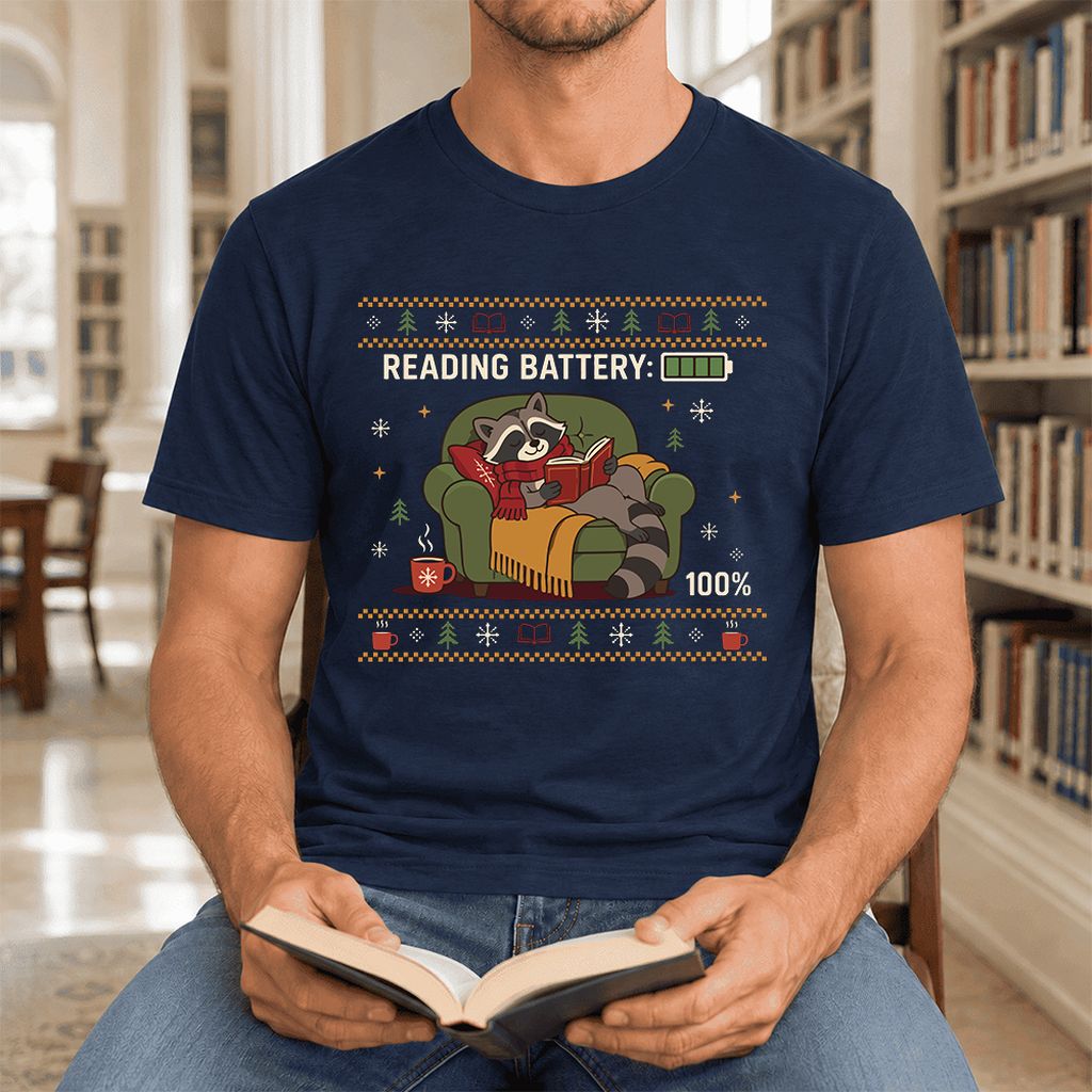Reading Battery: 100% Raccoon Ultra-Soft Cotton T-Shirt | Christmas Reader Gift Navy