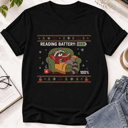 Reading Battery: 100% Raccoon Ultra-Soft V-Neck | Christmas Reader Gift Black