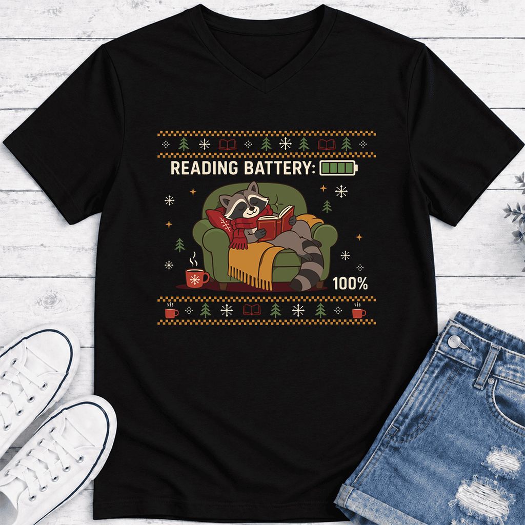 Reading Battery: 100% Raccoon Ultra-Soft V-Neck | Christmas Reader Gift Black