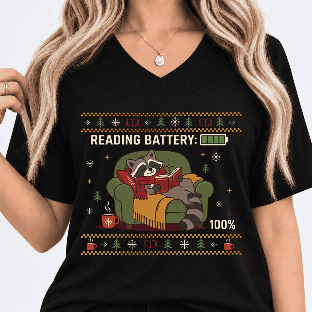 Reading Battery: 100% Raccoon Ultra-Soft V-Neck | Christmas Reader Gift Black