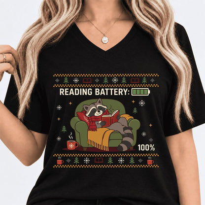 Reading Battery: 100% Raccoon Ultra-Soft V-Neck | Christmas Reader Gift Black