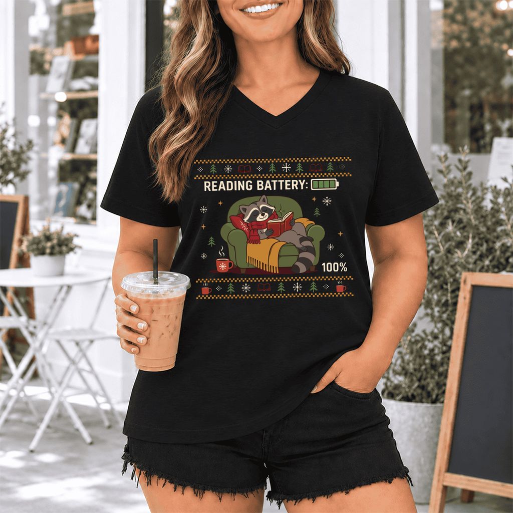 Reading Battery: 100% Raccoon Ultra-Soft V-Neck | Christmas Reader Gift Black