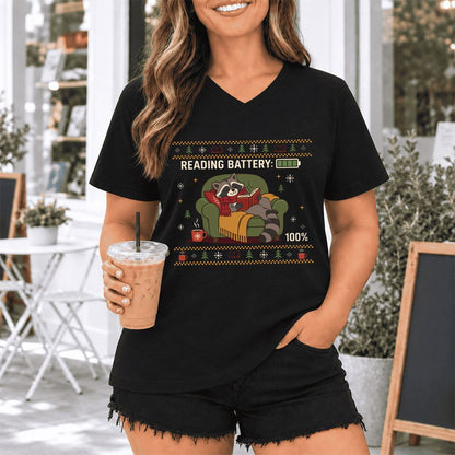 Reading Battery: 100% Raccoon Ultra-Soft V-Neck | Christmas Reader Gift Black