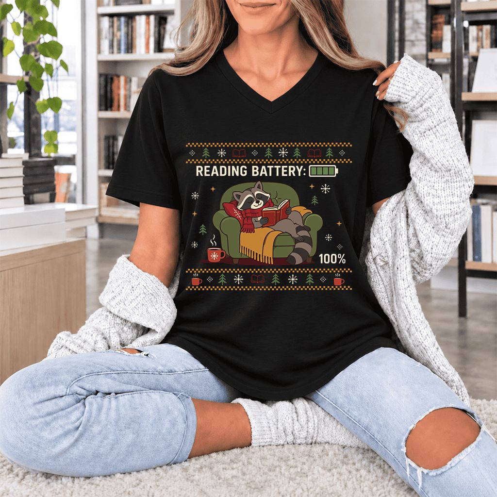 Reading Battery: 100% Raccoon Ultra-Soft V-Neck | Christmas Reader Gift Black