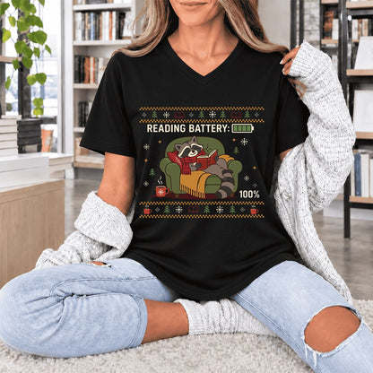 Reading Battery: 100% Raccoon Ultra-Soft V-Neck | Christmas Reader Gift Black