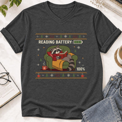 Reading Battery: 100% Raccoon Ultra-Soft V-Neck | Christmas Reader Gift Dark Grey Heather