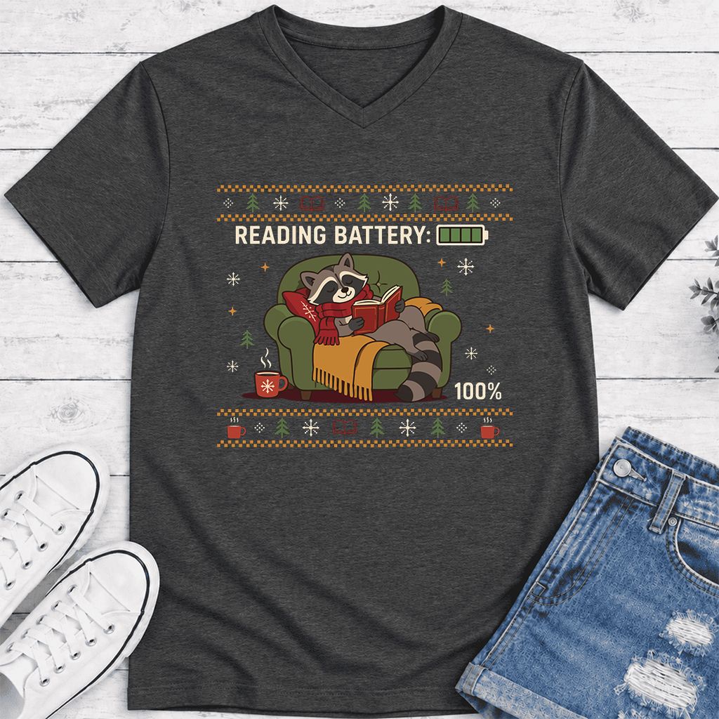 Reading Battery: 100% Raccoon Ultra-Soft V-Neck | Christmas Reader Gift Dark Grey Heather