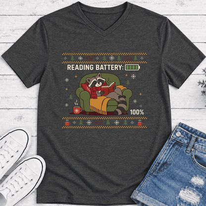 Reading Battery: 100% Raccoon Ultra-Soft V-Neck | Christmas Reader Gift Dark Grey Heather