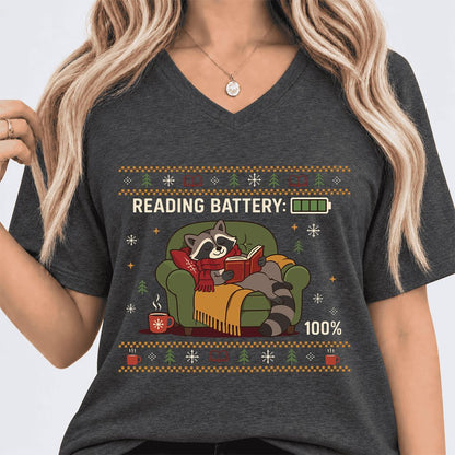 Reading Battery: 100% Raccoon Ultra-Soft V-Neck | Christmas Reader Gift Dark Grey Heather