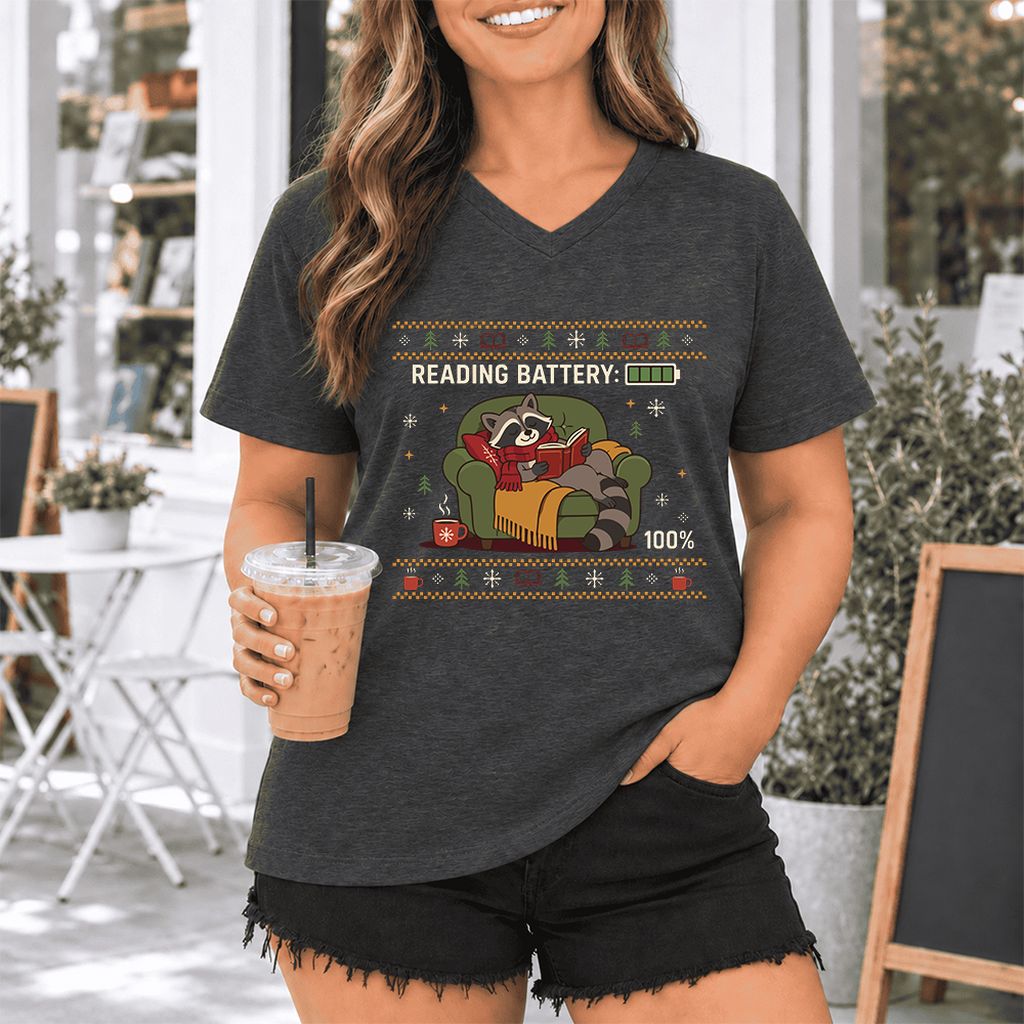 Reading Battery: 100% Raccoon Ultra-Soft V-Neck | Christmas Reader Gift Dark Grey Heather