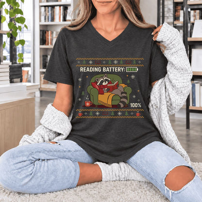 Reading Battery: 100% Raccoon Ultra-Soft V-Neck | Christmas Reader Gift Dark Grey Heather