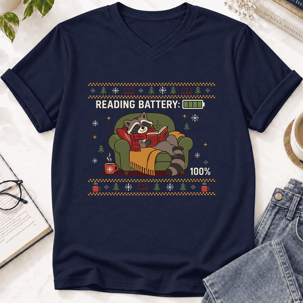 Reading Battery: 100% Raccoon Ultra-Soft V-Neck | Christmas Reader Gift Navy