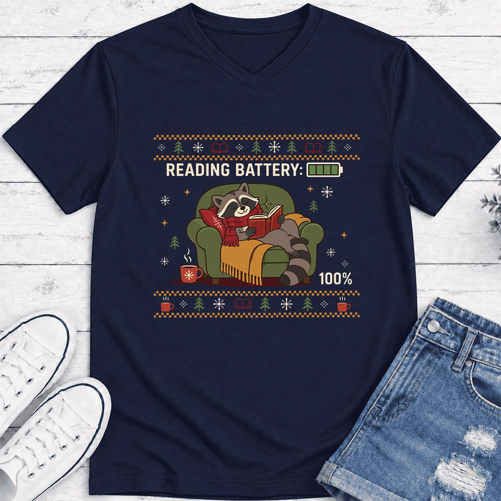 Reading Battery: 100% Raccoon Ultra-Soft V-Neck | Christmas Reader Gift Navy