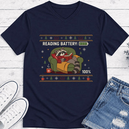 Reading Battery: 100% Raccoon Ultra-Soft V-Neck | Christmas Reader Gift Navy