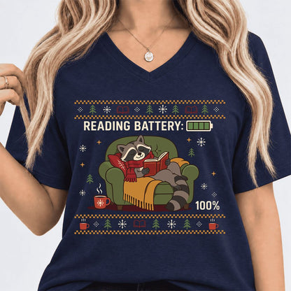Reading Battery: 100% Raccoon Ultra-Soft V-Neck | Christmas Reader Gift Navy