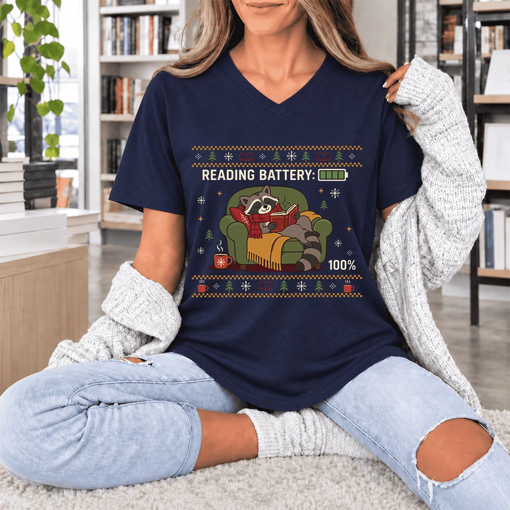 Reading Battery: 100% Raccoon Ultra-Soft V-Neck | Christmas Reader Gift Navy