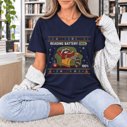 Reading Battery: 100% Raccoon Ultra-Soft V-Neck | Christmas Reader Gift Navy