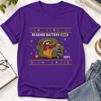 Reading Battery: 100% Raccoon Ultra-Soft V-Neck | Christmas Reader Gift Team Purple