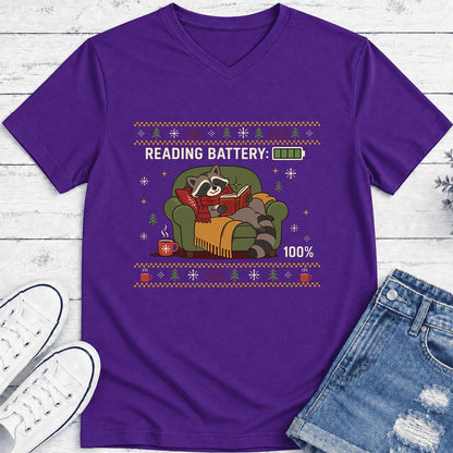 Reading Battery: 100% Raccoon Ultra-Soft V-Neck | Christmas Reader Gift Team Purple