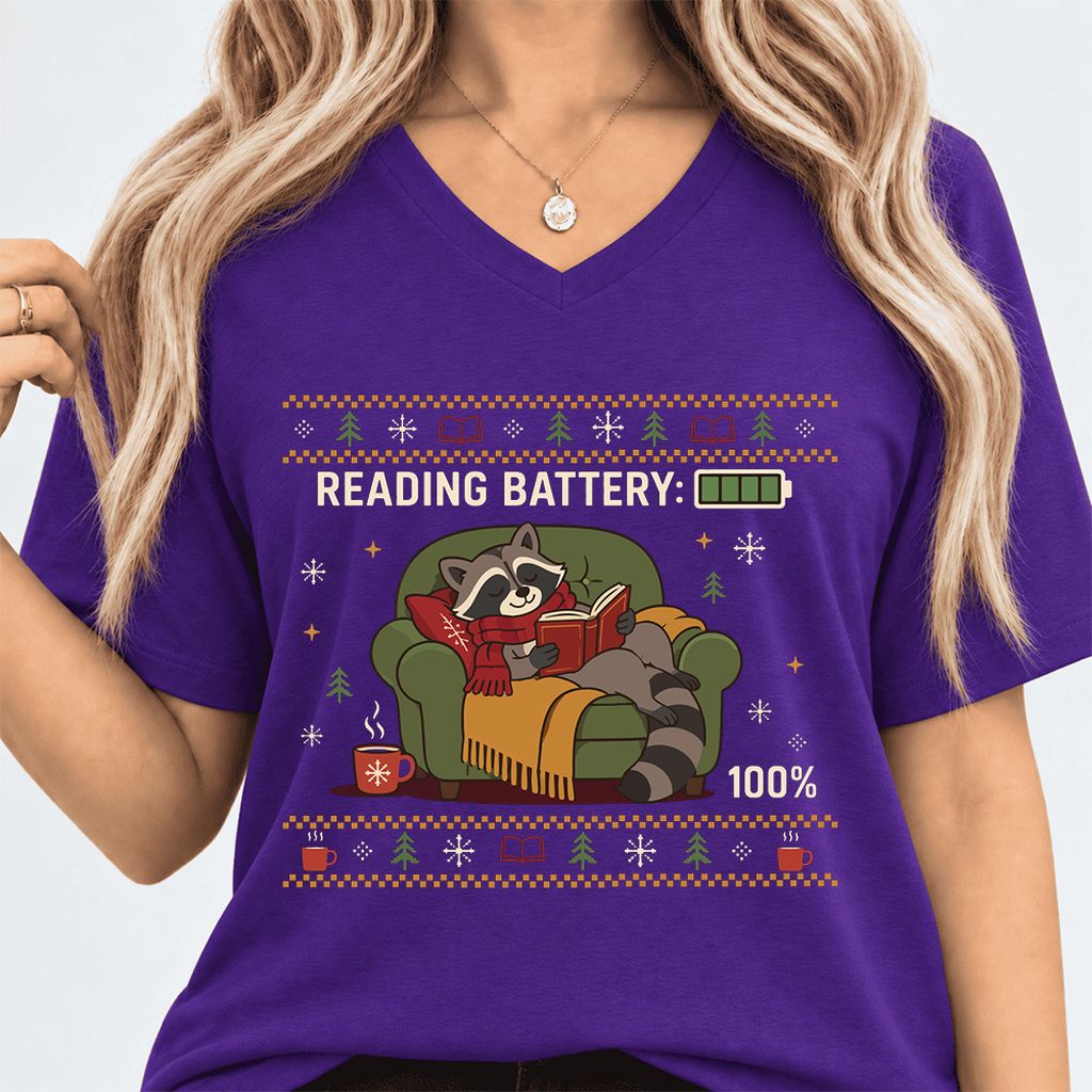 Reading Battery: 100% Raccoon Ultra-Soft V-Neck | Christmas Reader Gift Team Purple