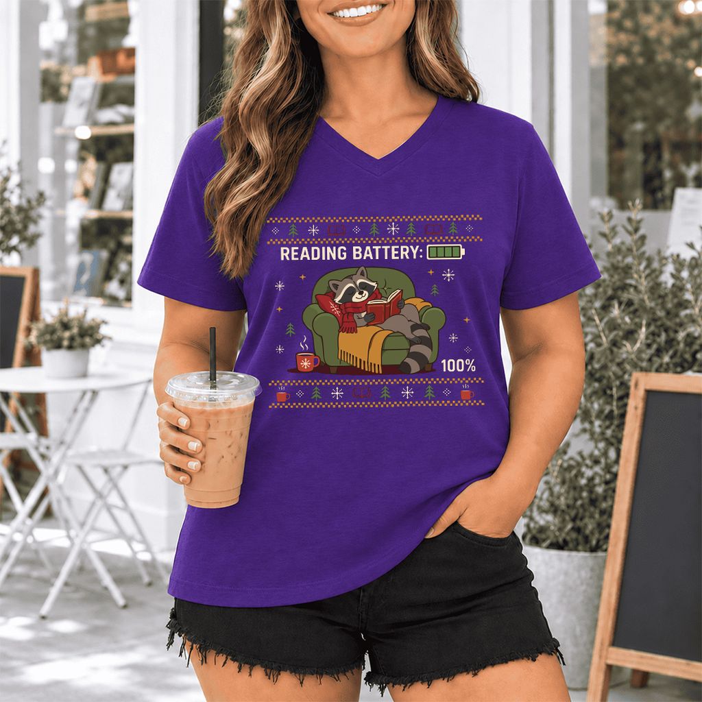 Reading Battery: 100% Raccoon Ultra-Soft V-Neck | Christmas Reader Gift Team Purple