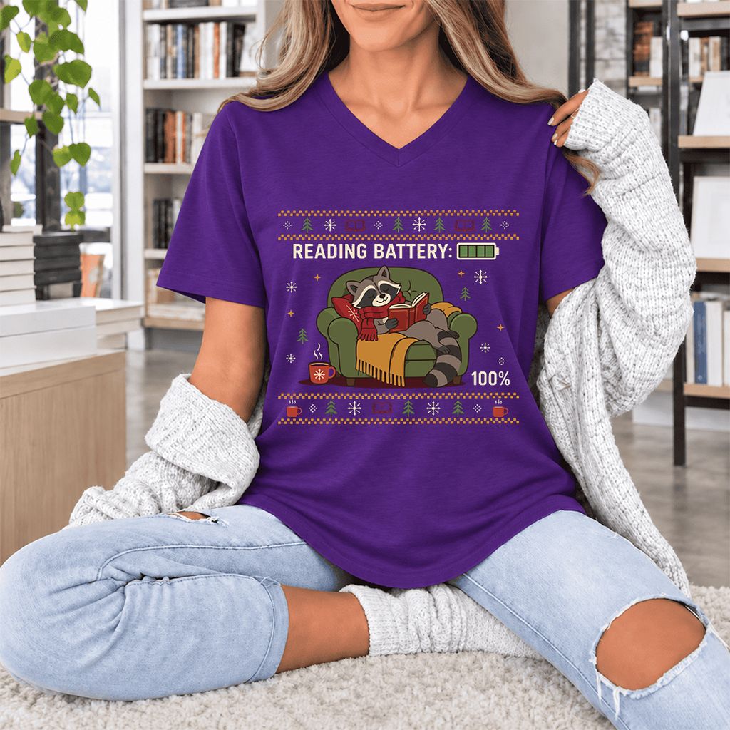 Reading Battery: 100% Raccoon Ultra-Soft V-Neck | Christmas Reader Gift Team Purple