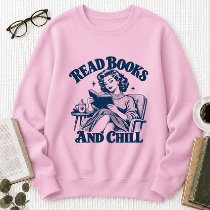 READ BOOKS AND CHILL Printed Sweatshirt | Cozy Book Lover Gift Light Pink