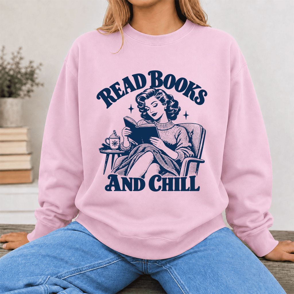 READ BOOKS AND CHILL Printed Sweatshirt | Cozy Book Lover Gift Light Pink