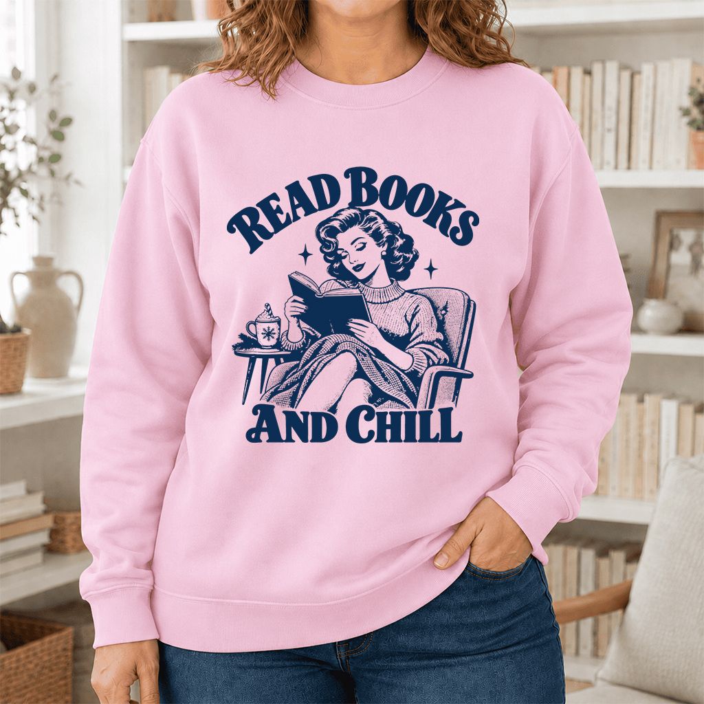 READ BOOKS AND CHILL Printed Sweatshirt | Cozy Book Lover Gift Light Pink