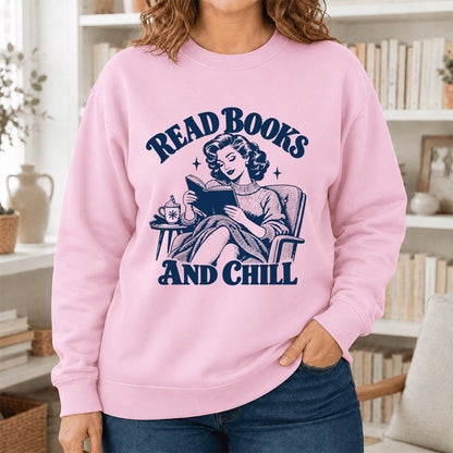 READ BOOKS AND CHILL Printed Sweatshirt | Cozy Book Lover Gift Light Pink