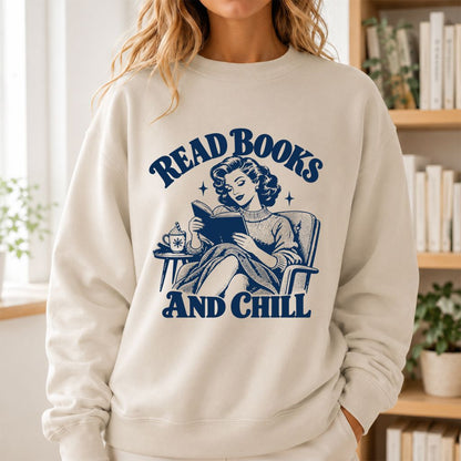READ BOOKS AND CHILL Printed Sweatshirt | Cozy Book Lover Gift Sand