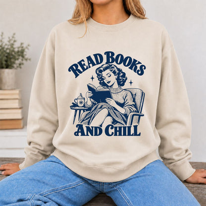 READ BOOKS AND CHILL Printed Sweatshirt | Cozy Book Lover Gift Sand