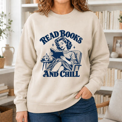 READ BOOKS AND CHILL Printed Sweatshirt | Cozy Book Lover Gift Sand