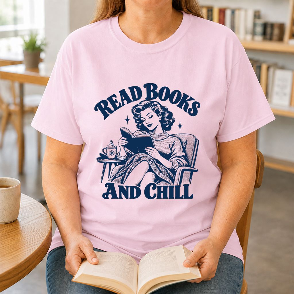 READ BOOKS AND CHILL Printed T-Shirt | Cozy Book Lover Gift Light Pink