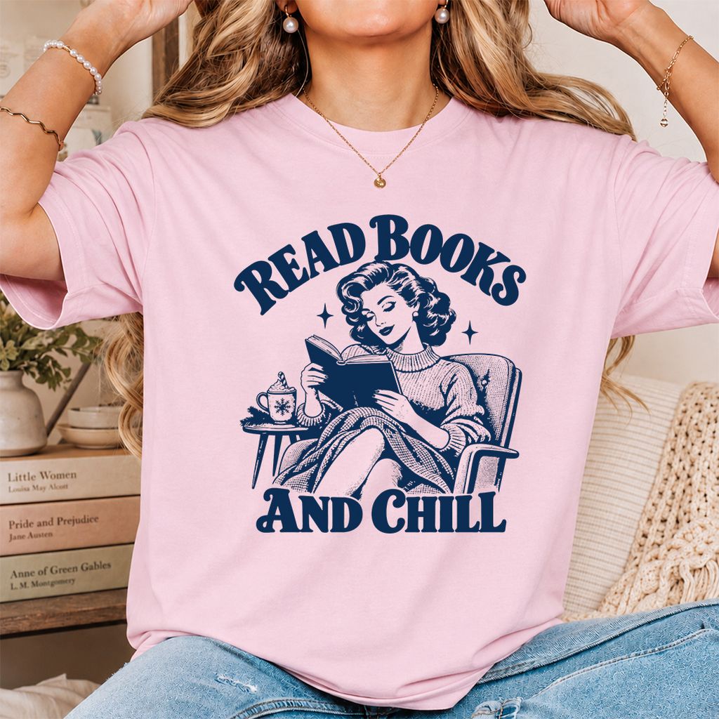 READ BOOKS AND CHILL Printed T-Shirt | Cozy Book Lover Gift Light Pink