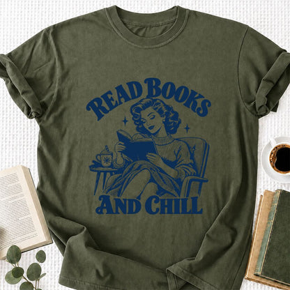 READ BOOKS AND CHILL Printed T-Shirt | Cozy Book Lover Gift Military Green